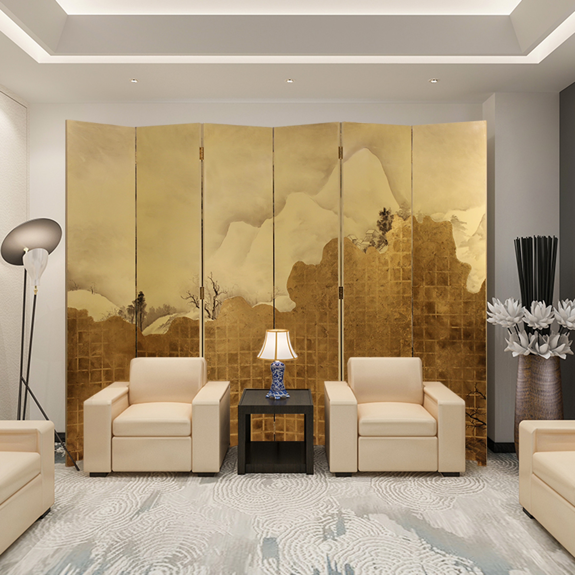 New Chinese style hand painted gold leaf landscape folding mobile solid wood screen Paint painting living room simple office background customization