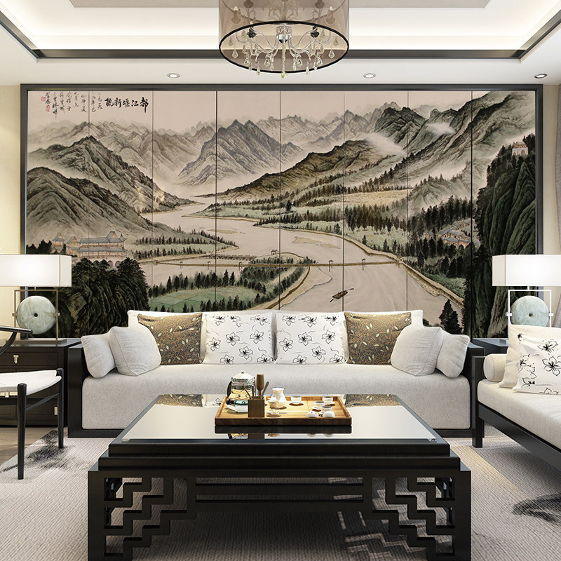 Hand-painted Chinese solid wood screen porch partition decoration living room bedroom hotel office landscape mobile folding screen