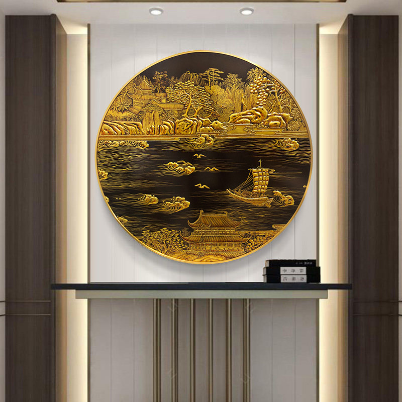 New Chinese style gold foil landscape painting porch decoration painting round hand-painted tea room hanging painting living room bedroom corridor aisle wall