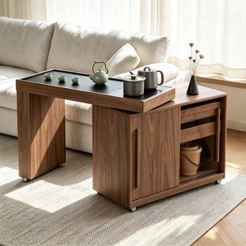 Balcony Tea Table, Tea Cabinet, Integrated Tea Brewing Station, Small Household Mobile Tea Table, Retractable and Rotating Tea Cart