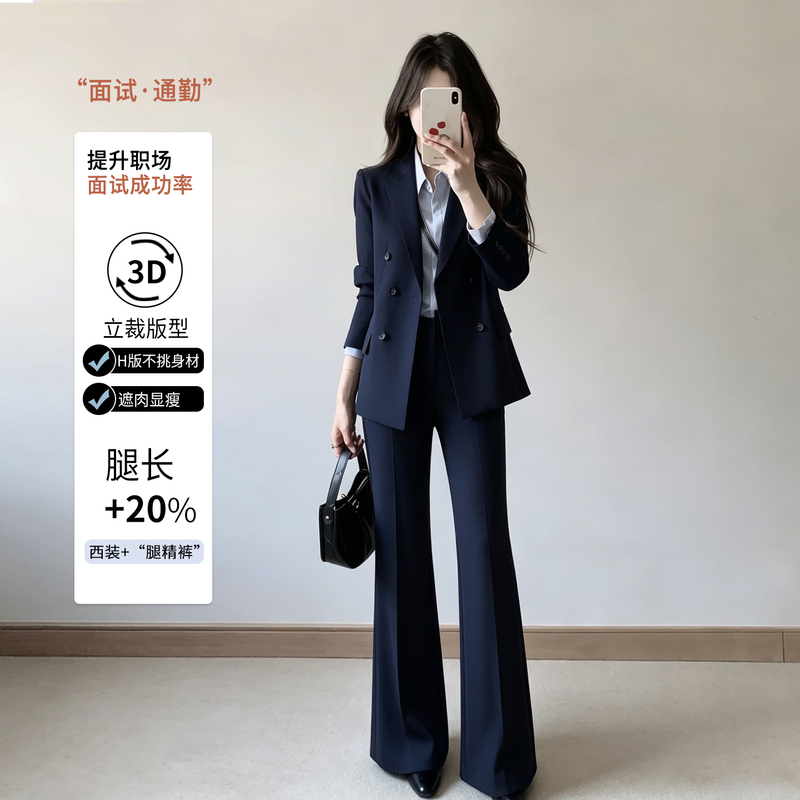 Black Double-Breasted Blazer for Women, New Style for Work, Two-Piece Set for Interviews, Formal Long-Sleeved Suit, Workwear