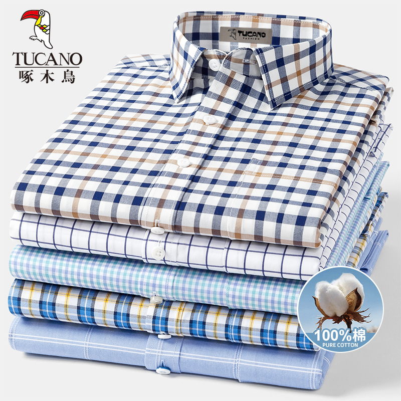 Woodpecker 春夏新作 コットンチェックシャツ メンズ 長袖 薄手 ノーアイロン ミドルエイジ カジュアル お父さんシャツ