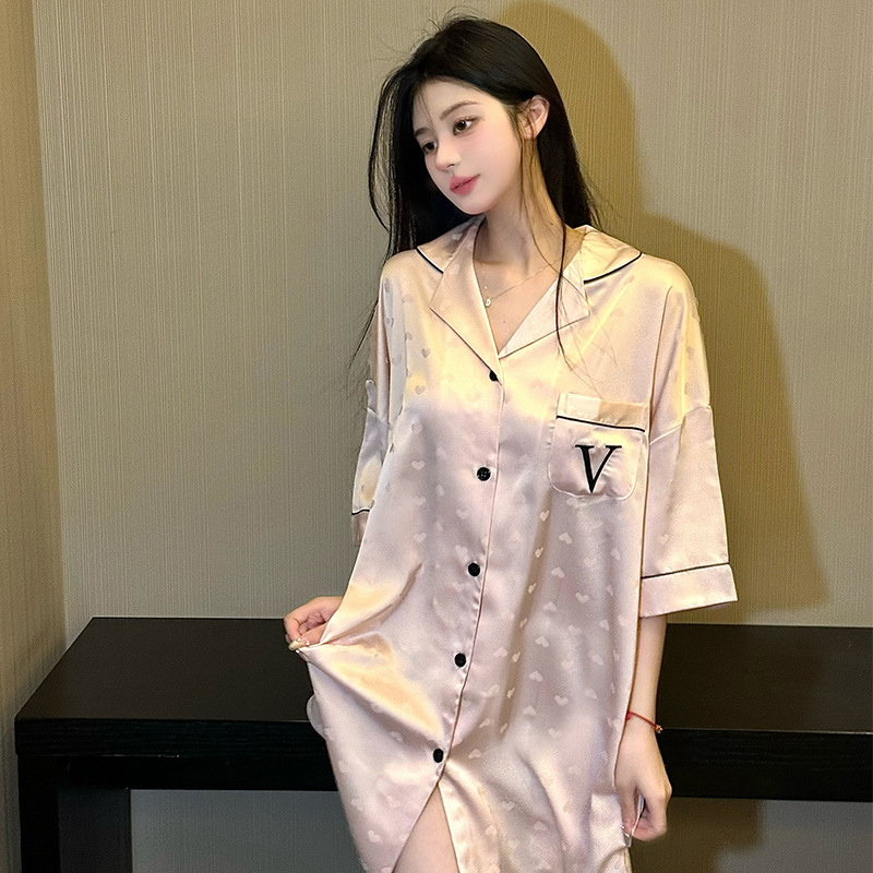 Shirt-Style Pajamas for Spring and Summer, Ice Silk, Sexy, Thin, Collared, Student Mid-Length Loungewear, Can Be Worn Outside, Boyfriend Style