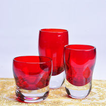 Creative round original color thick bottom glass cup with colorful festive Chinese wedding customizable pattern Daily gift gift