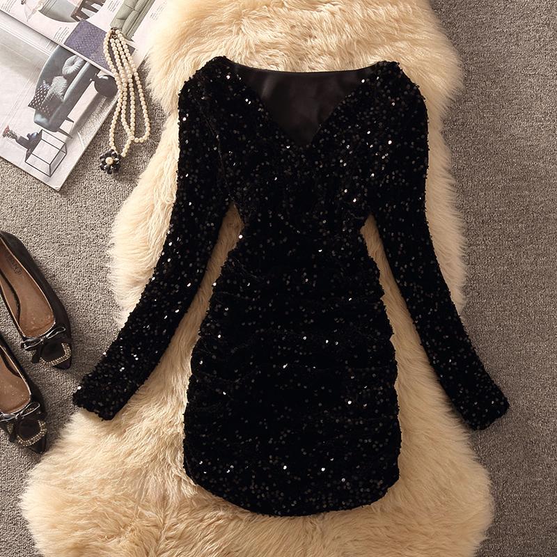 European and American Fashionable Ladylike Long-Sleeved V Neck Waist Slimming Shiny Sequin Pleated Hip-Hugging Dress for Women