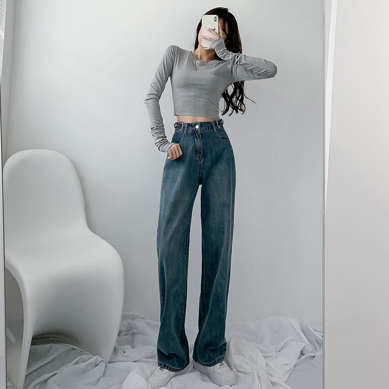 Waist Mouth Adjustable Wide Leg Jeans Lady Spring Autumn High Waist 2021 New Pants Loose Display Slim Drag Straight Drum Pants