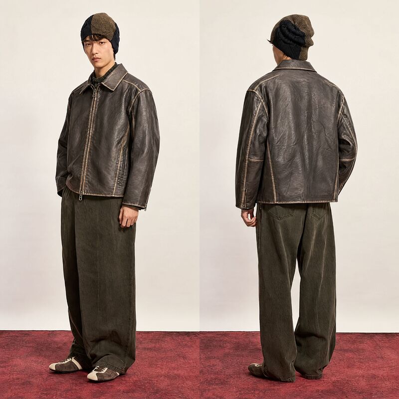 [Company Order] Vintage Hand-Rubbed Distressed Dark Brown Slim Fit Short Biker Washed Pu Faux Leather Jacket