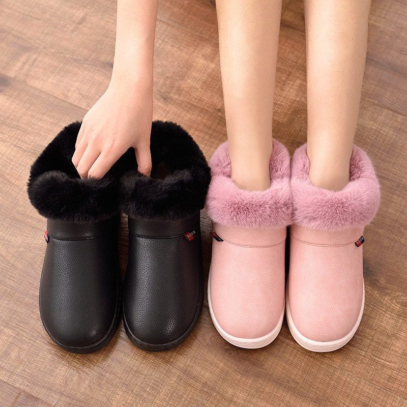 Winter home non-slip bag heel cotton slippers male and female PU leather waterproof soft thick bottom room external wearing lovers warm cotton shoes