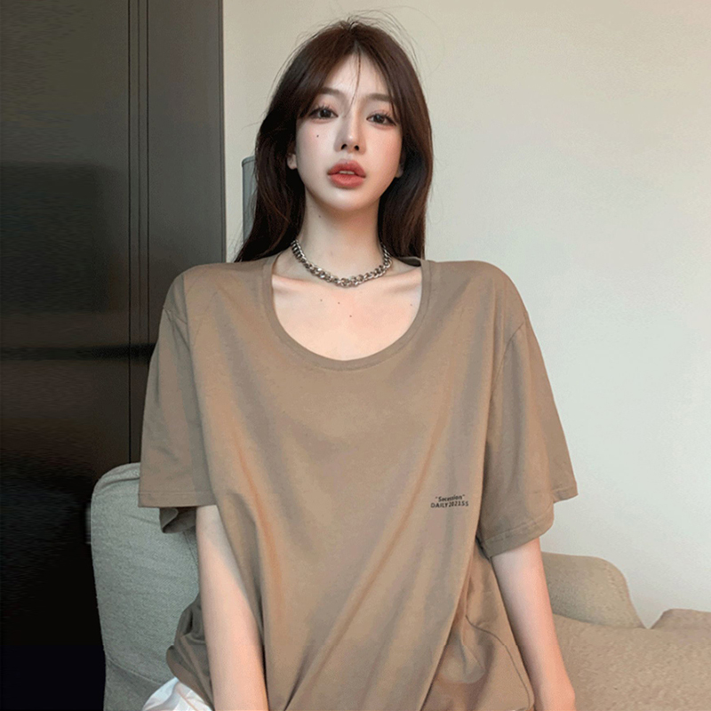 Khaki Short-Sleeved T-Shirt for Women, Summer 2026 New Style, Sexy Collarbone-Exposing Top, U-Shaped Large Neckline, Pure Cotton, Loose Fit