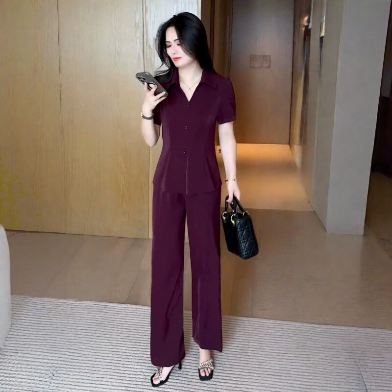 Fashionable and Elegant Women's Suit 2026 Summer New Style, Stylish and Slimming, Ice Silk Shirt and Wide-Leg Pants Two-Piece Set