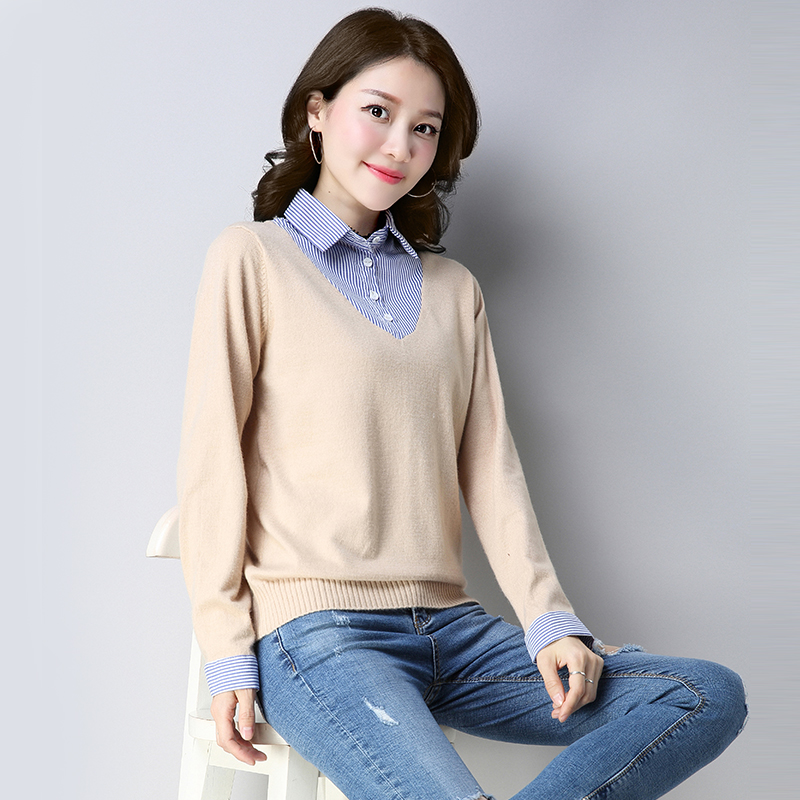 Mỏng đan Hàn Quốc loose-fitting áo len áo sơ mi ngắn mùa thu mùa xuân quần áo dòng cổ áo giả hai mảnh của phụ nữ dài tay phụ nữ áo len của