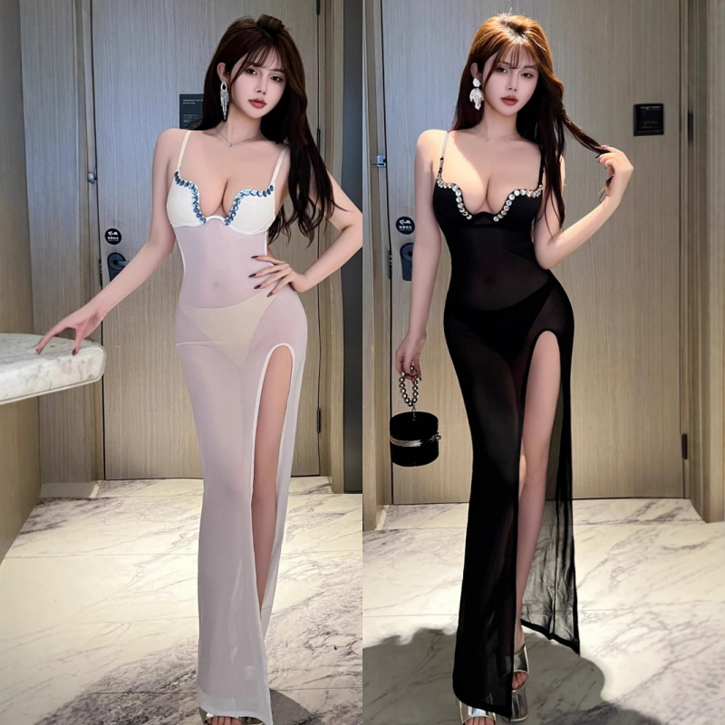 Nightclub U-Cup Push-Up Rhinestone Strap Dress with Mesh See-Through, Non-Empty Cup, Sexy and Slimming, Nightclub Party Beauty Long Dress