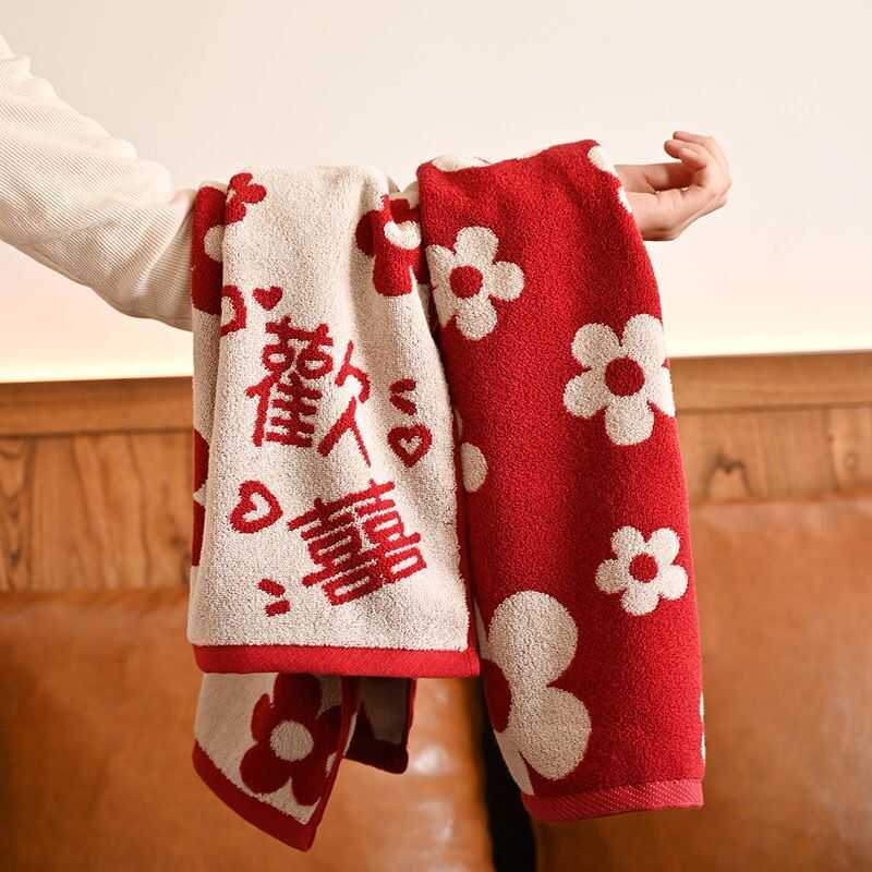 Happy Flower Square Towel Pure Cotton Towel Red Vintage Romantic Hanging Hand Towel Absorbent Quick-Drying Soft Face Towel