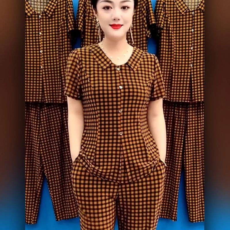 Mom's New Summer Short-Sleeved T-Shirt, Small Shirt, 50 to 60 Years Old, Middle-Aged and Elderly Women, Large Size, Loose Round Neck Two-Piece Suit