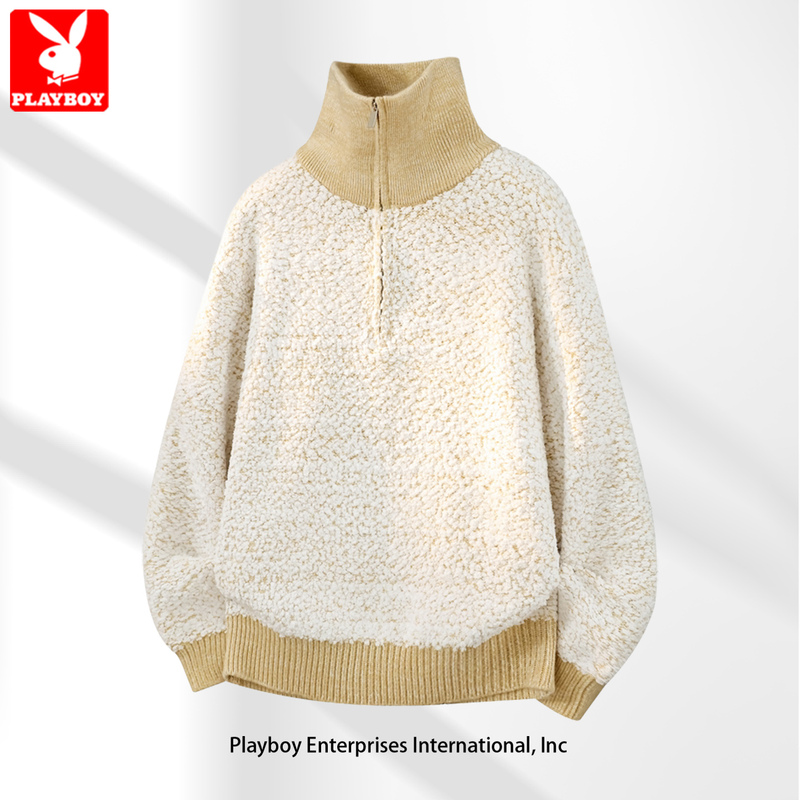 Playboy Granular Velvet Half-Zip Turtleneck Knitwear for Men, New Autumn Style, Loose Fit, Off-White, Lazy Style Sweater