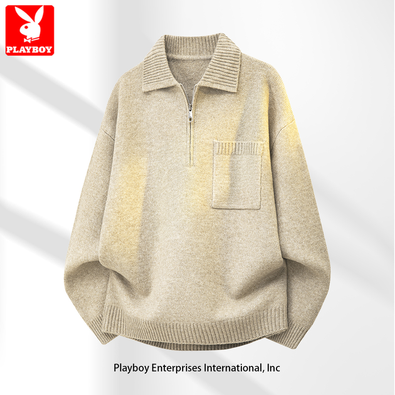 Playboy Half-Zip Sweater for Men 2026 Autumn New Style Turn-Down Collar Patch Pocket Loose Pullover Knitwear Playboy Half-Zip Sweater for Men 2026 Autumn New Style Turn-Down Collar Patch Pocket Loose Pullover Knitwear