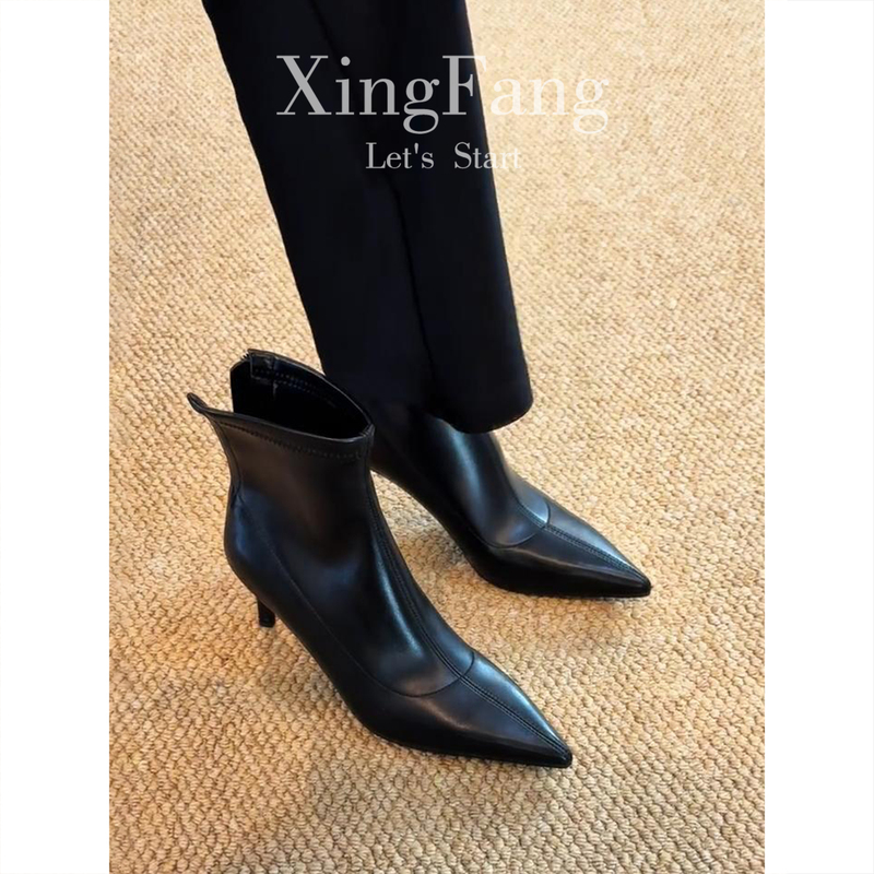 Cowhide Version ~ French-Style Stiletto High-Heeled Short Boots for Women, New Versatile Black Elegant Pointed-Toe Elastic Slim Boots