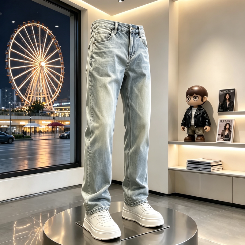 American-Style Slim-Fit Light Blue Washed Jeans for Men, Autumn Slim-Fit Trendy High-Street Cool Casual Straight-Leg Pants