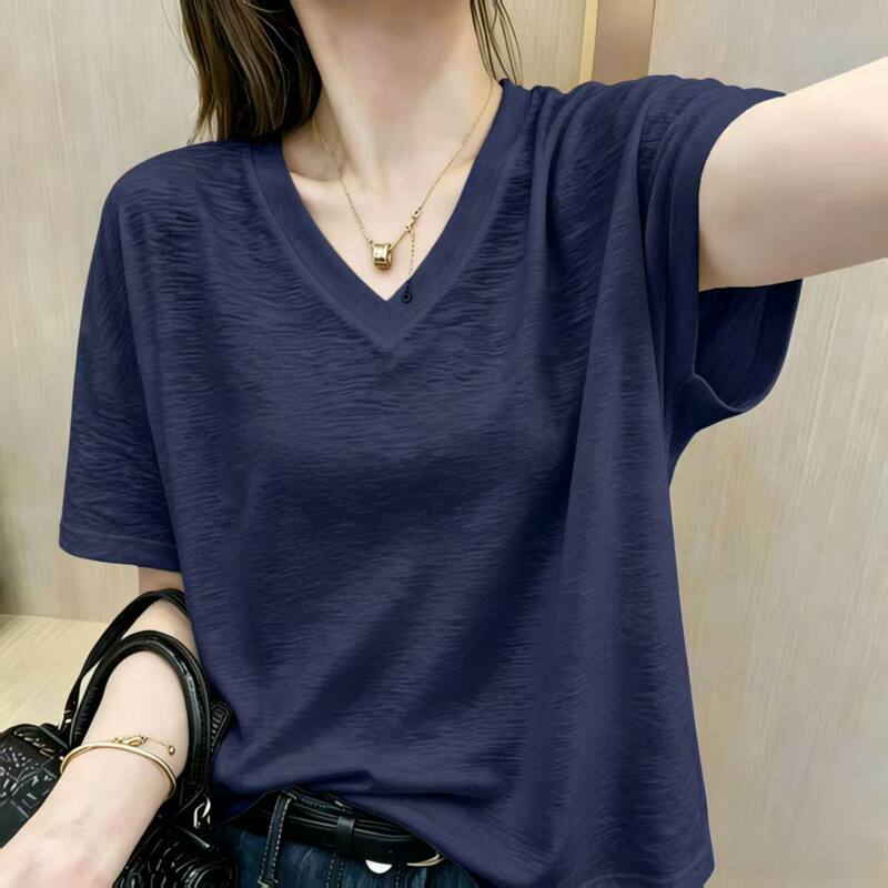 150kg Plus Size Women's Clothing 2026 Summer Thin V-Neck Bamboo Cotton Short Sleeve T-Shirt for Fat Women, Loose and Very Beautiful Top