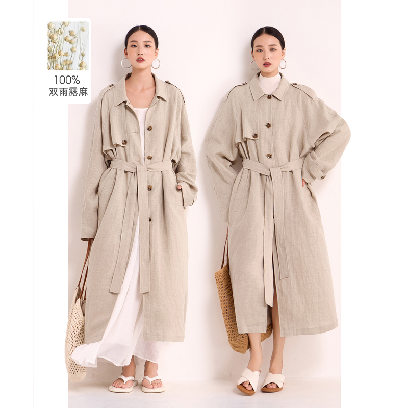 Shuangyulu 100% Linen Trench Coat Jacket Suit Mid-Length Loose Casual Thin Style 2026 Spring and Autumn New Women's Model