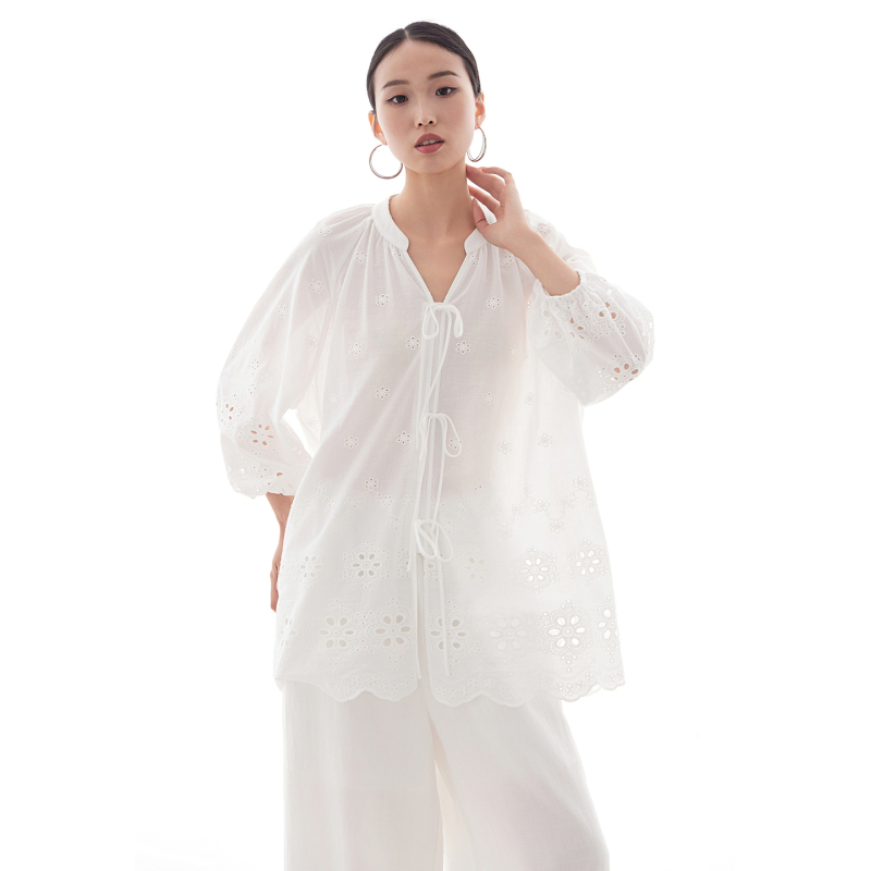 Lace Shirt for Women, White Loose Lace-Up Cardigan, French Style Pure Cotton Hollow Embroidered Top, New Beautiful Blouse