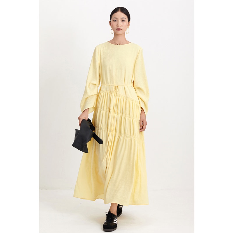 Cr Dress Yellow Women's Clothing Spring and Autumn New Arrivals Long Dress Plus Size Long Sleeve Elegant Loose Style