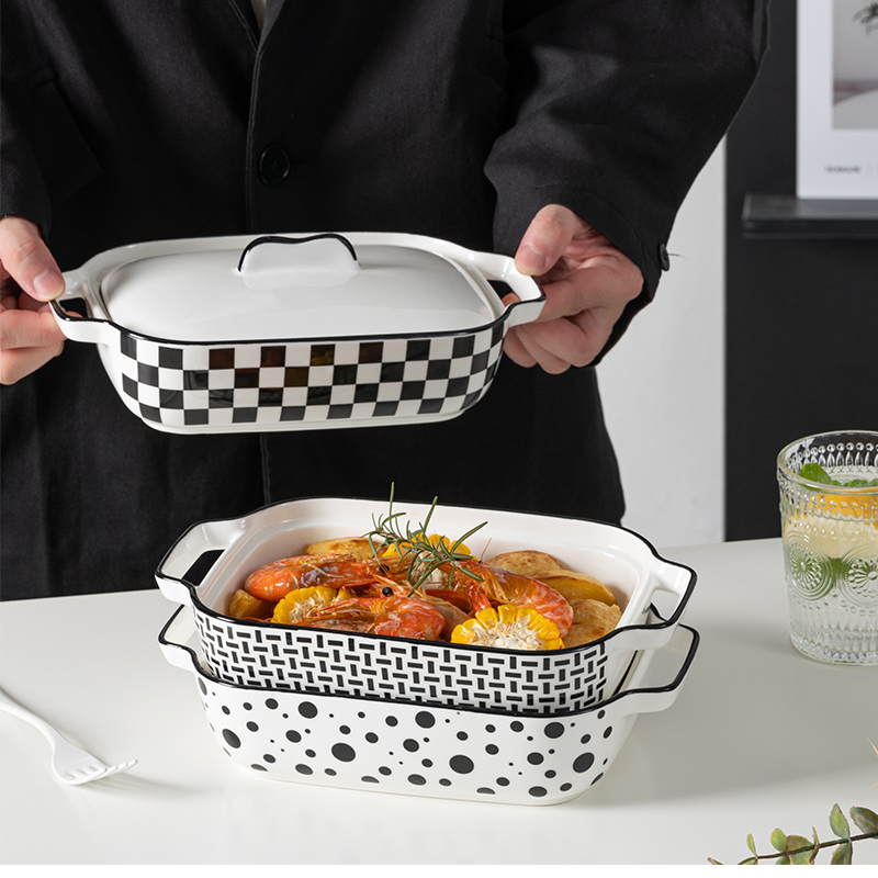 Ceramic Cheese Baked Rice Bowl with Lid, Double-Ear Baking Bowl, Microwave and Oven Safe, Rectangular Household Dish Plate