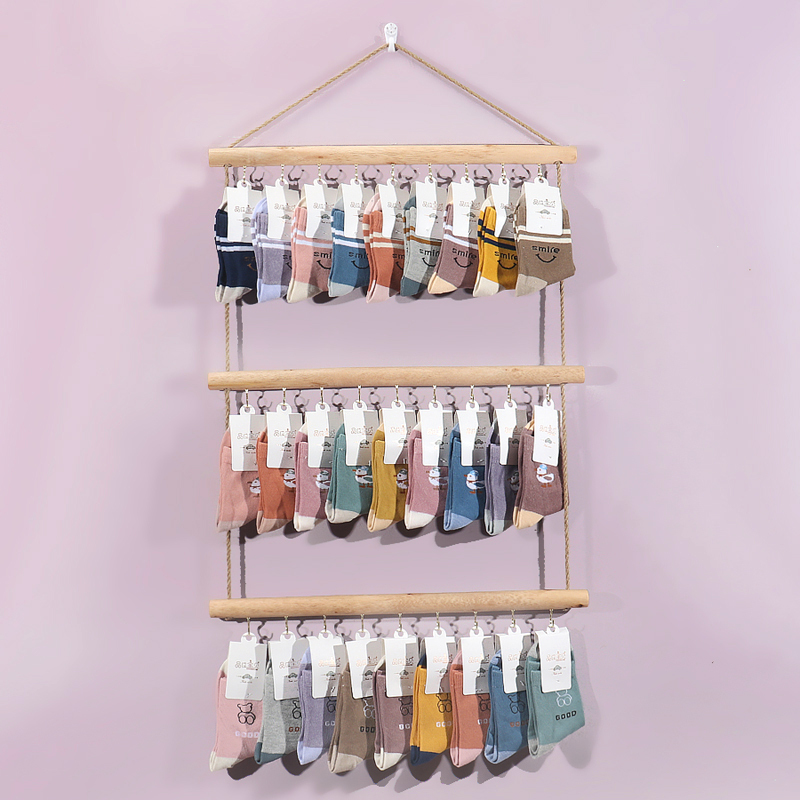 Creative Solid Wood Sock Rack, Wall-Mounted, No-Drill, Wall-Hanging Sock Rack, Natural Wood Stick, Clothing Store, Sock Shop Display Rack