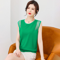 Middle - aged mom summer ice wire short sleeve t shirt dress 2022 new green sleeveless sweatshirt knitted sweater