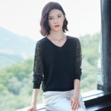 Лонгслив, осенняя тонкая кружевная трикотажная футболка для матери, V-образный вырез, коллекция 2022