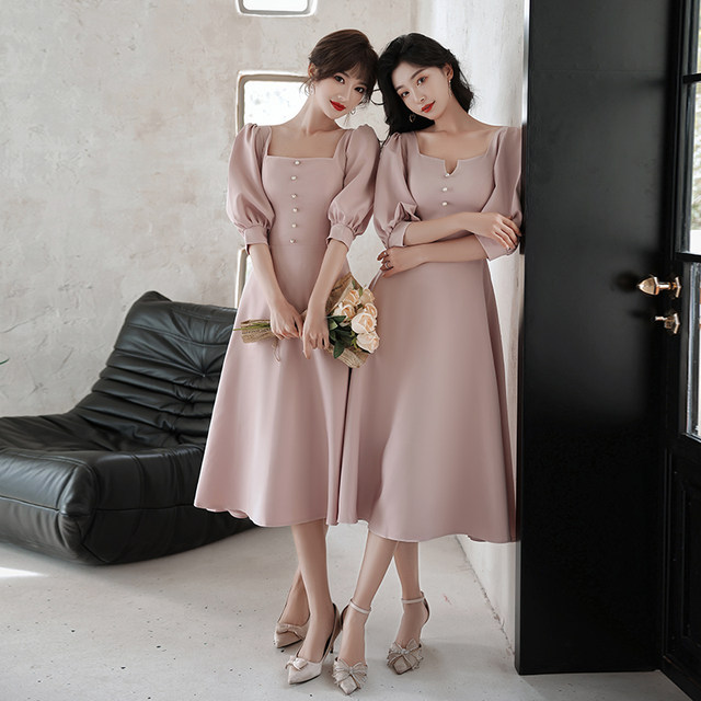 Satin bridesmaid dress can usually be worn in 2021 new winter sister group dress simple and atmospheric wedding small man