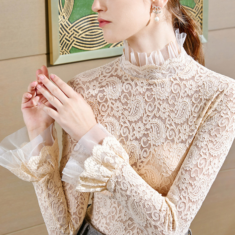 Half-High Collar Lace Base Shirt for Women 2026 New Spring and Autumn Light Luxury High-End White Hollow French Lace Top