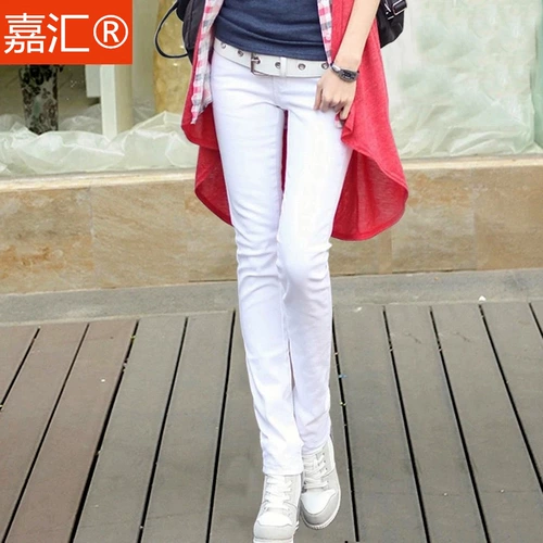 Джинсы, белые цветные штаны, эластичный приталенный осенний карандаш, средняя посадка, в корейском стиле