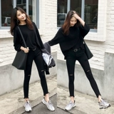 Джинсы, черные цветные тонкие демисезонные эластичные штаны, высокая талия, сезон 2021, подходит для подростков, в обтяжку