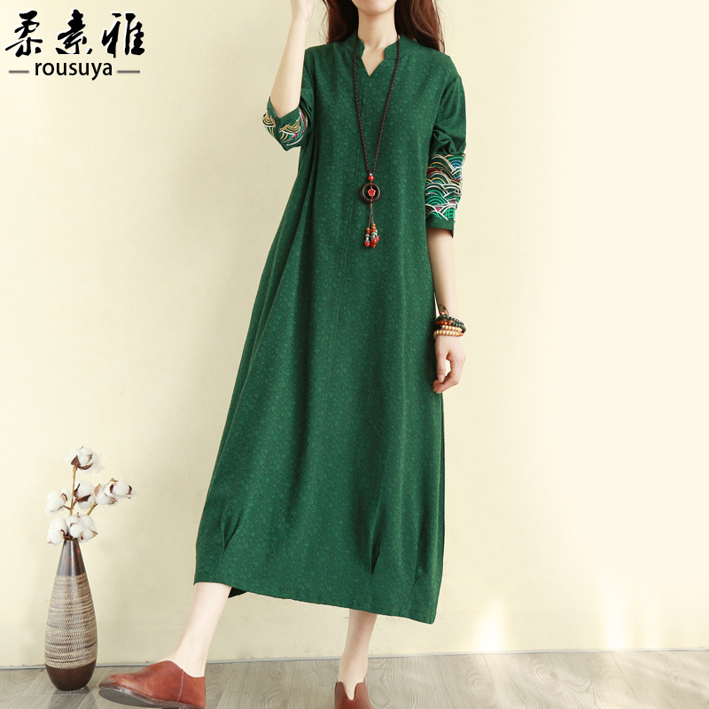Long-Sleeved Skirt, Fashionable Spring and Autumn New Style, Ethnic Style Embroidered Long Skirt, Loose Casual and Western-Style Linen Dress