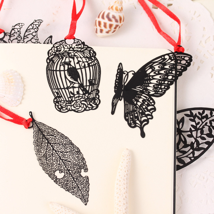 Hollow metal stainless steel exquisite bookmark black ancient style simple leaf vein feather butterfly exquisite and elegant bookmark