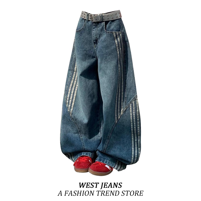 Plus-Size American Retro Washed Deconstructed Scimitar Jeans for Women with a Design Featuring Three Stripes and Patchwork Wide-Leg Pants