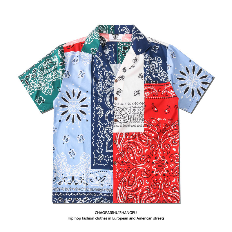 Thai Trendy Brand Retro Color-Block Paisley Shirt Trendy Unisex Loose Oversize Short-Sleeve Jacket Versatile Shirt