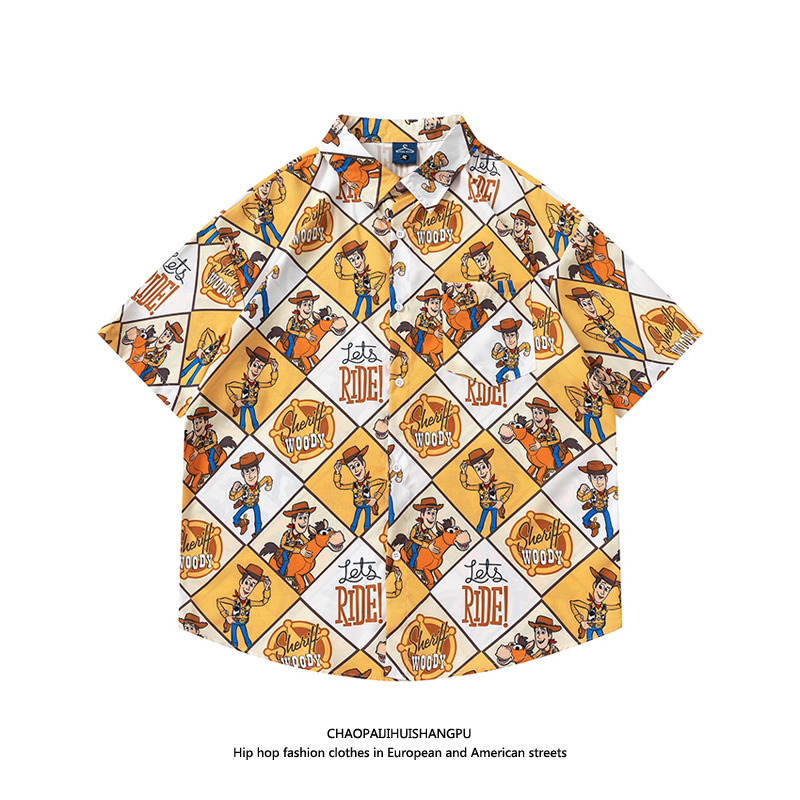 Summer Cartoon Toy Story Woody Printed Shirt Men's Oversized Top Couple Short-Sleeved Shirt