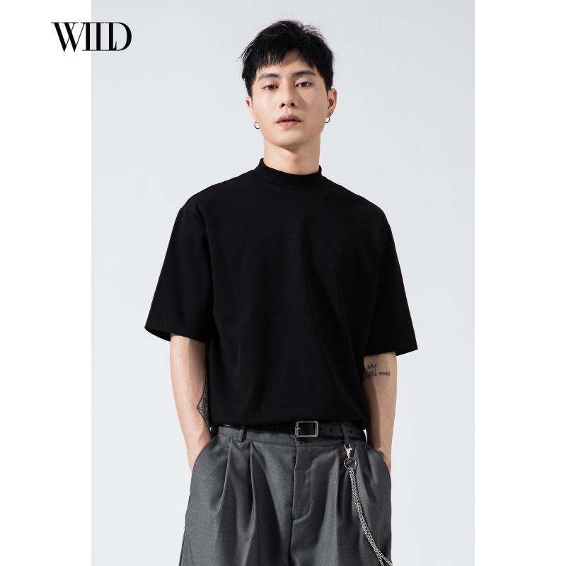 High-Neck T-Shirt for Men, Trendy Small Neckline, Slim Fit, Mid-Neck, High-End Thin Base Shirt, Basic Summer Half-High Collar Short-Sleeve for Men