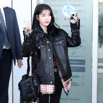 2021 autumn star IU Li Zhien same black leather leather women loose sheep jacket chic women