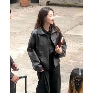 25 Song Qian Style Haining First-Layer Genuine Leather Jacket for Women, Black, Loose Fit, Vegetable-Tanned Sheepskin Short Coat