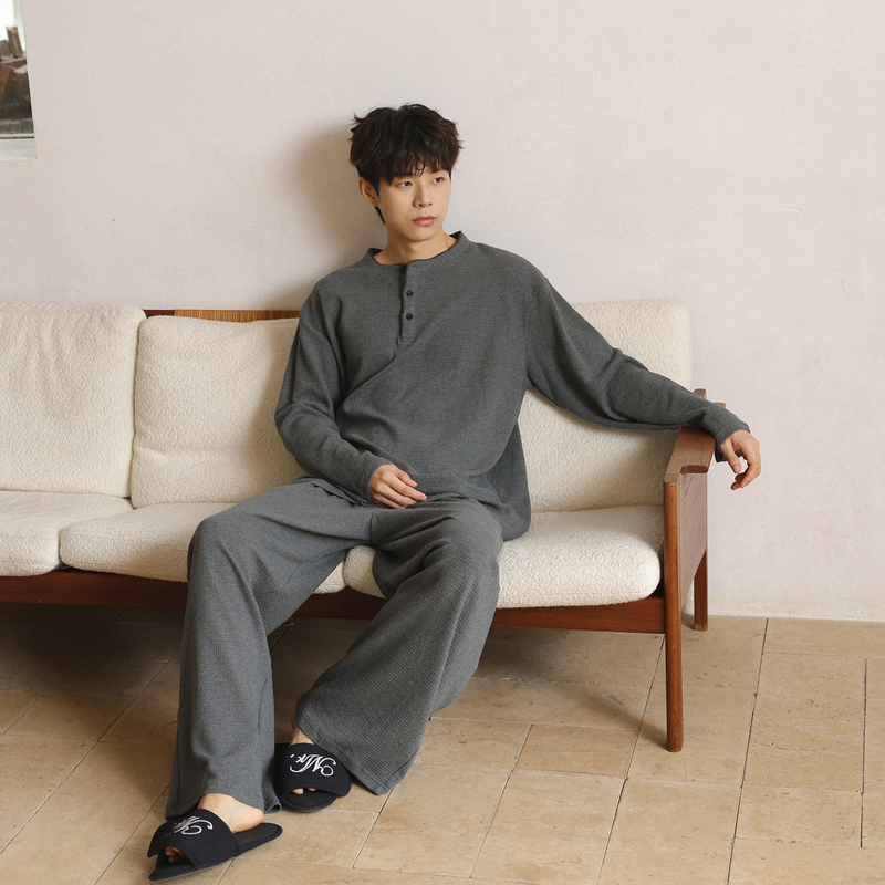 [Waffle] Men's Pajamas, Spring and Autumn Style, Pure Cotton Long-Sleeved Pants Set, Simple Pullover Loungewear for Teenagers