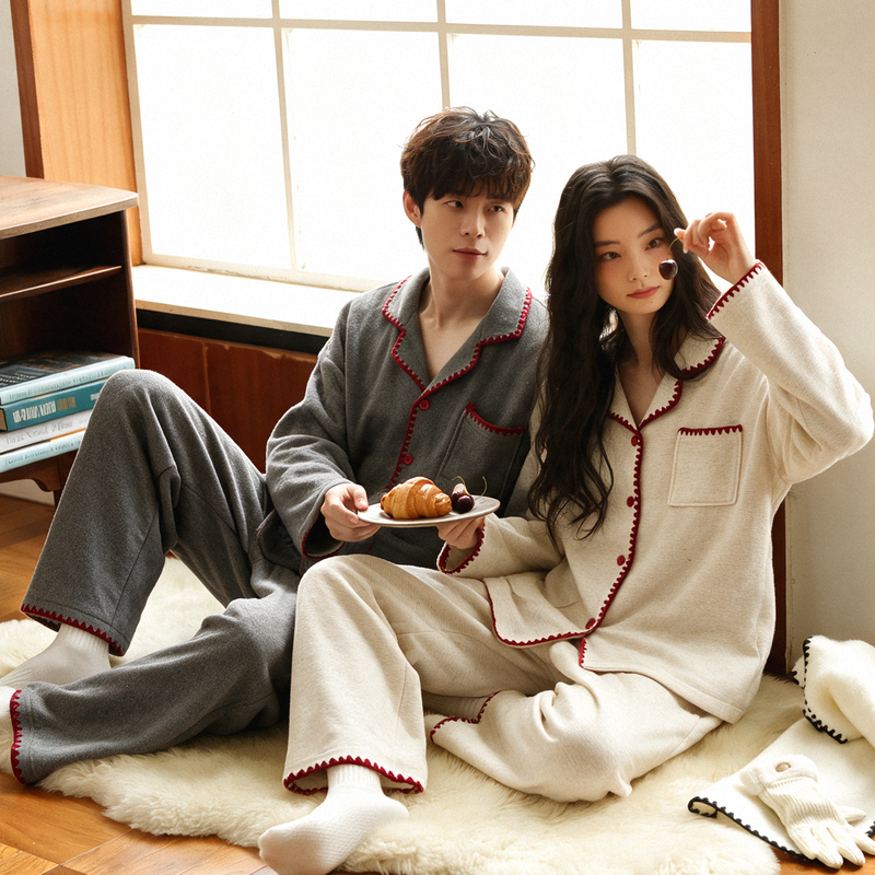 【De Rong】Couple's Pajamas for Autumn and Winter, Brushed Thermal Long-Sleeve Men's and Women's Thickened Warm Cardigan Homewear Set