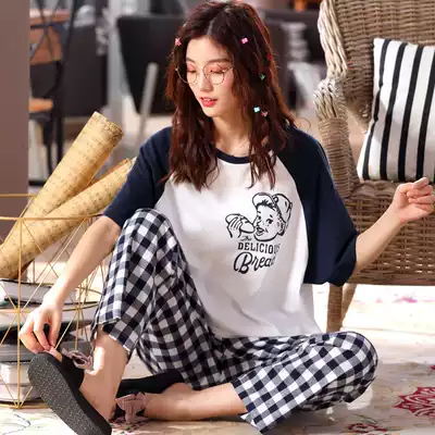 2021 new trend Net red explosive pajamas women Summer thin cotton spring and autumn short sleeve trousers two piece set