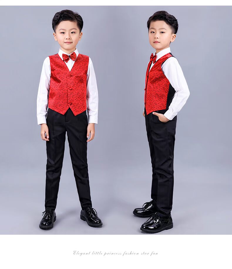 Lingque boy áo dài tay phù hợp với vest đỏ đen quần áo tây nhỏ chủ nhà mùa thu biểu diễn hoa cô gái váy dài tay bé gái