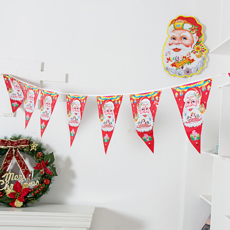 Christmas decorations bunting flags, glass hanging flags, string flags, pennants, santa wavy flags