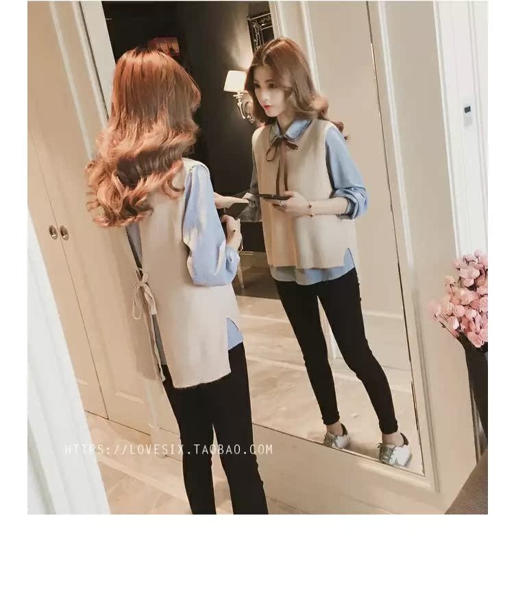 Áo mới mùa thu 2018 Han Fan sọc nữ dài tay áo rộng học sinh đan áo vest hai dây áo sơ mi nữ dài tay cao cấp