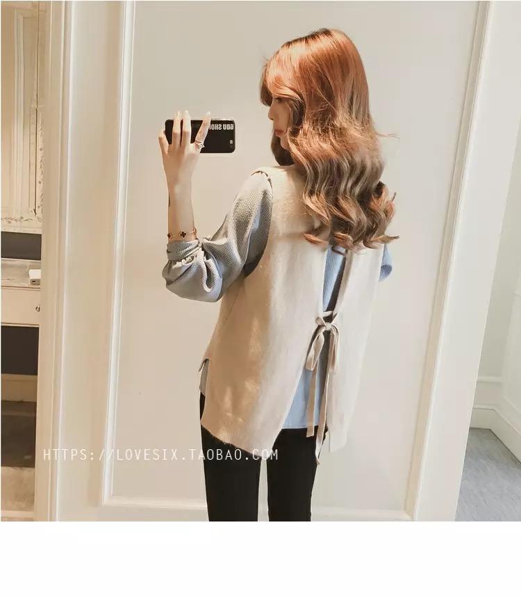 Áo mới mùa thu 2018 Han Fan sọc nữ dài tay áo rộng học sinh đan áo vest hai dây áo sơ mi nữ dài tay cao cấp
