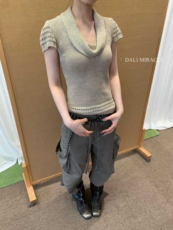 Dali Design 2026 New Style Swing-Neck Knitted Hollow-Out Top, Niche Wasteland Style, Japanese Paper Yarn, Tencel
